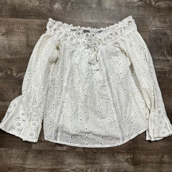 Surf Gypsy White Off Shoulder Embroidered Shirt Size Medium - Picture 1 of 10